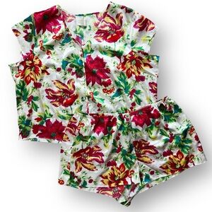 Vintage Satin White and Pink Tropical Floral Pajama Shorts Set